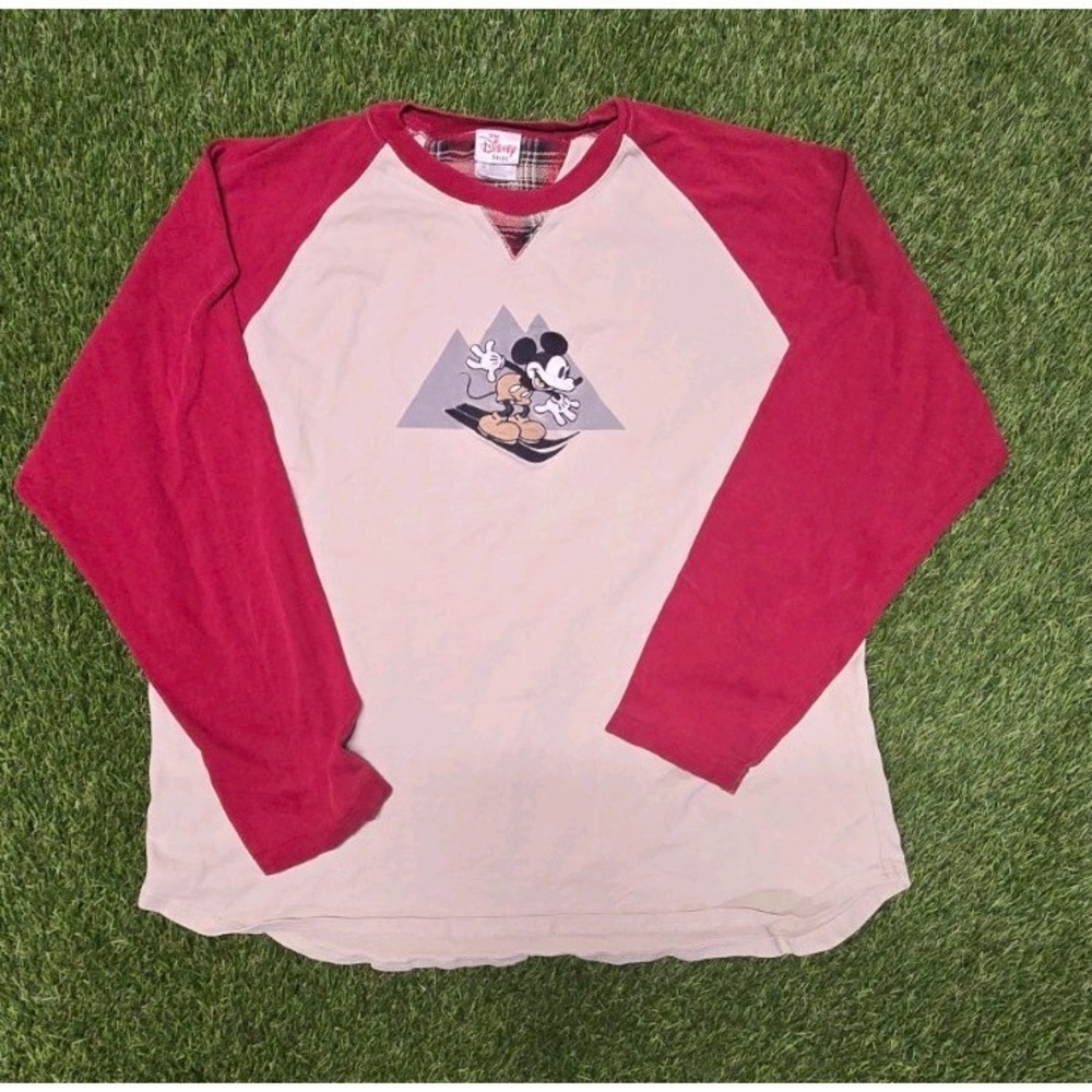 90s Disney Store Mickey Mouse Skiing Raglan Shirt XL Burgundy Gorpcore Winter